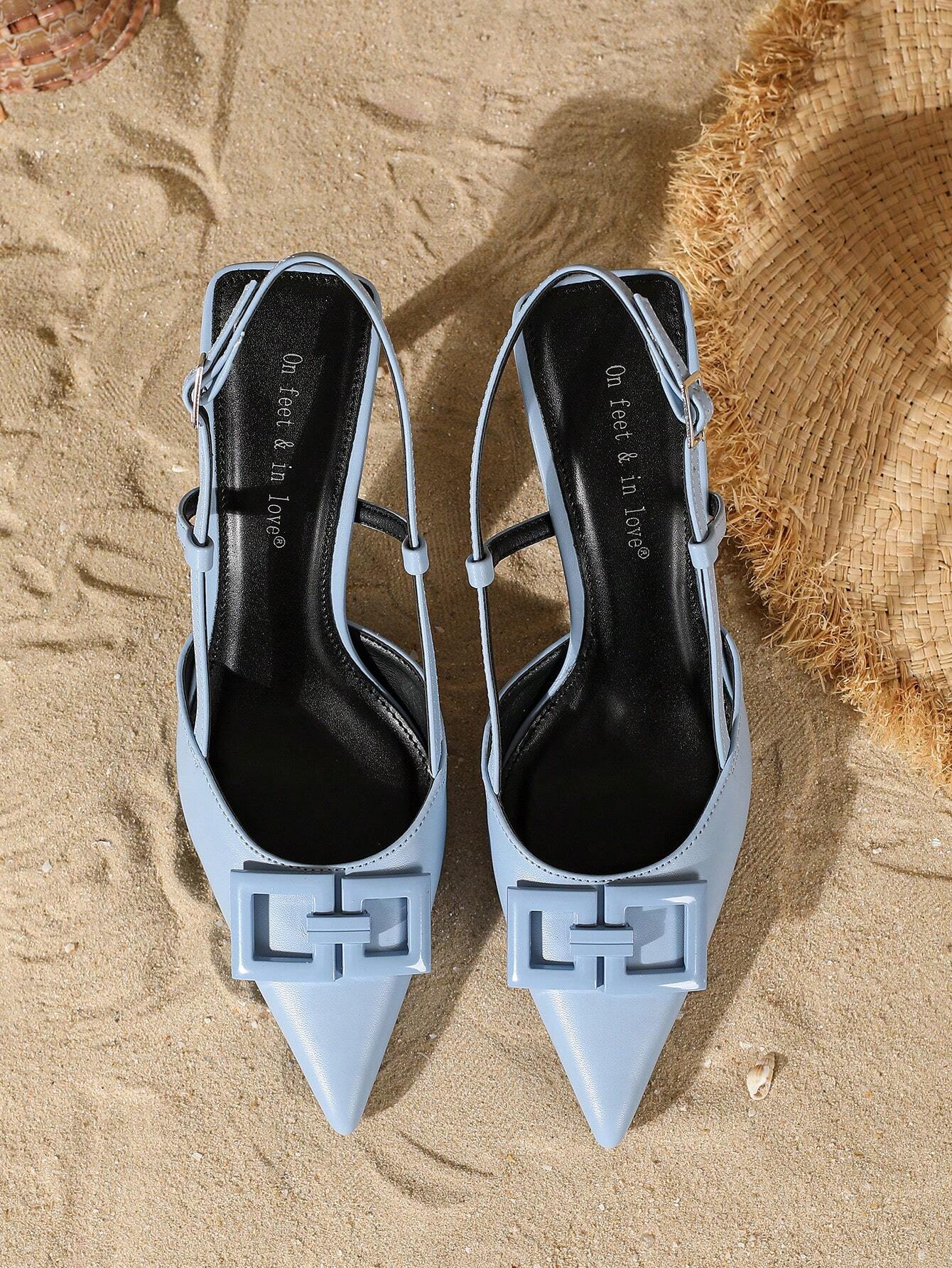 Women's Fashion Elegant Square Decor Buckle Mule Pointed Toe High Heel Shoes