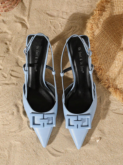 Women's Fashion Elegant Square Decor Buckle Mule Pointed Toe High Heel Shoes