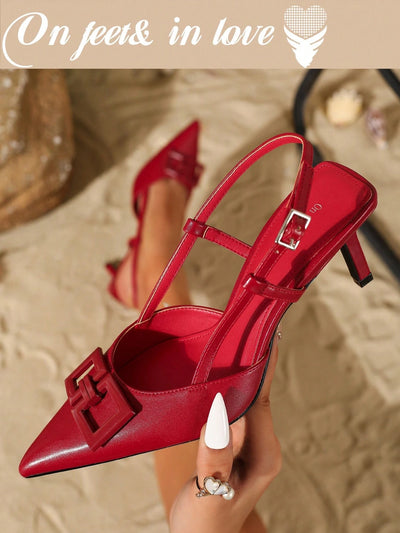 Women's Fashion Elegant Square Decor Buckle Mule Pointed Toe High Heel Shoes