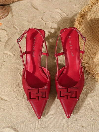 Women's Fashion Elegant Square Decor Buckle Mule Pointed Toe High Heel Shoes