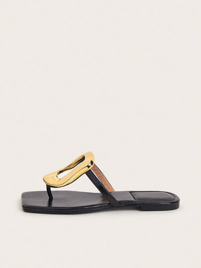 Square Toe Metal Buckle Flat Sandals