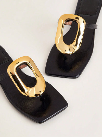 Square Toe Metal Buckle Flat Sandals