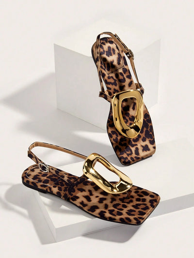 Square Toe Metal Buckle Flat Sandals