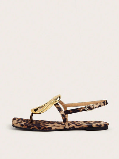 Square Toe Metal Buckle Flat Sandals