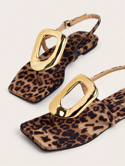 Square Toe Metal Buckle Flat Sandals