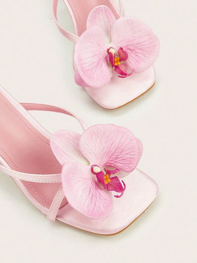 Travel & Beach Green Satin Flower Decor Open Toe Stiletto High Heel Sandals