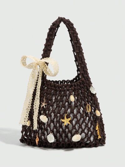 Purple Ocean Shell & Starfish Woven Beach Bag