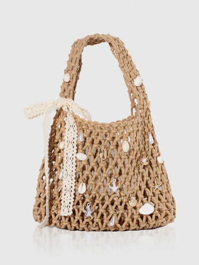 Purple Ocean Shell & Starfish Woven Beach Bag