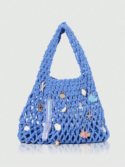 Purple Ocean Shell & Starfish Woven Beach Bag