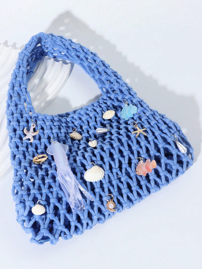 Purple Ocean Shell & Starfish Woven Beach Bag