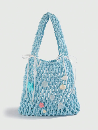 Purple Ocean Shell & Starfish Woven Beach Bag