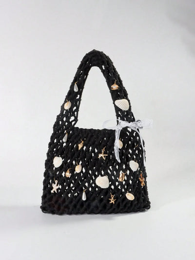 Purple Ocean Shell & Starfish Woven Beach Bag