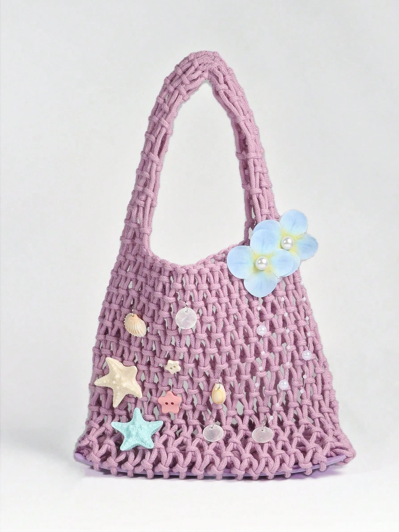 Purple Ocean Shell & Starfish Woven Beach Bag