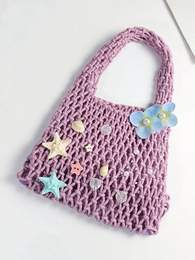 Purple Ocean Shell & Starfish Woven Beach Bag