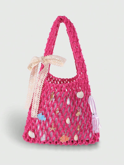 Purple Ocean Shell & Starfish Woven Beach Bag