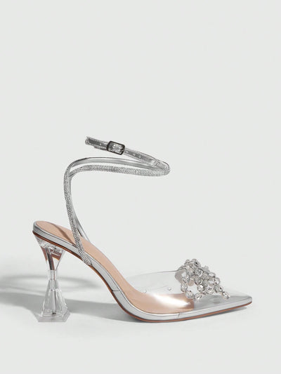 Women Fashionable Rhinestone Bow Detail Transparent High Heel