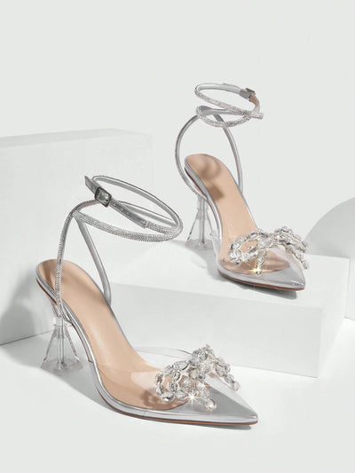 Women Fashionable Rhinestone Bow Detail Transparent High Heel