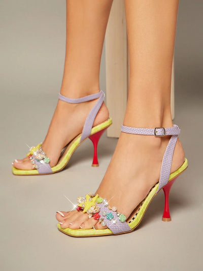 Ladies Kitten Heel Slingback Sandals With Fruit Ornamentations