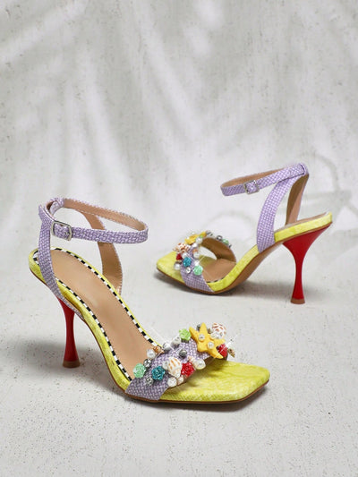 Ladies Kitten Heel Slingback Sandals With Fruit Ornamentations