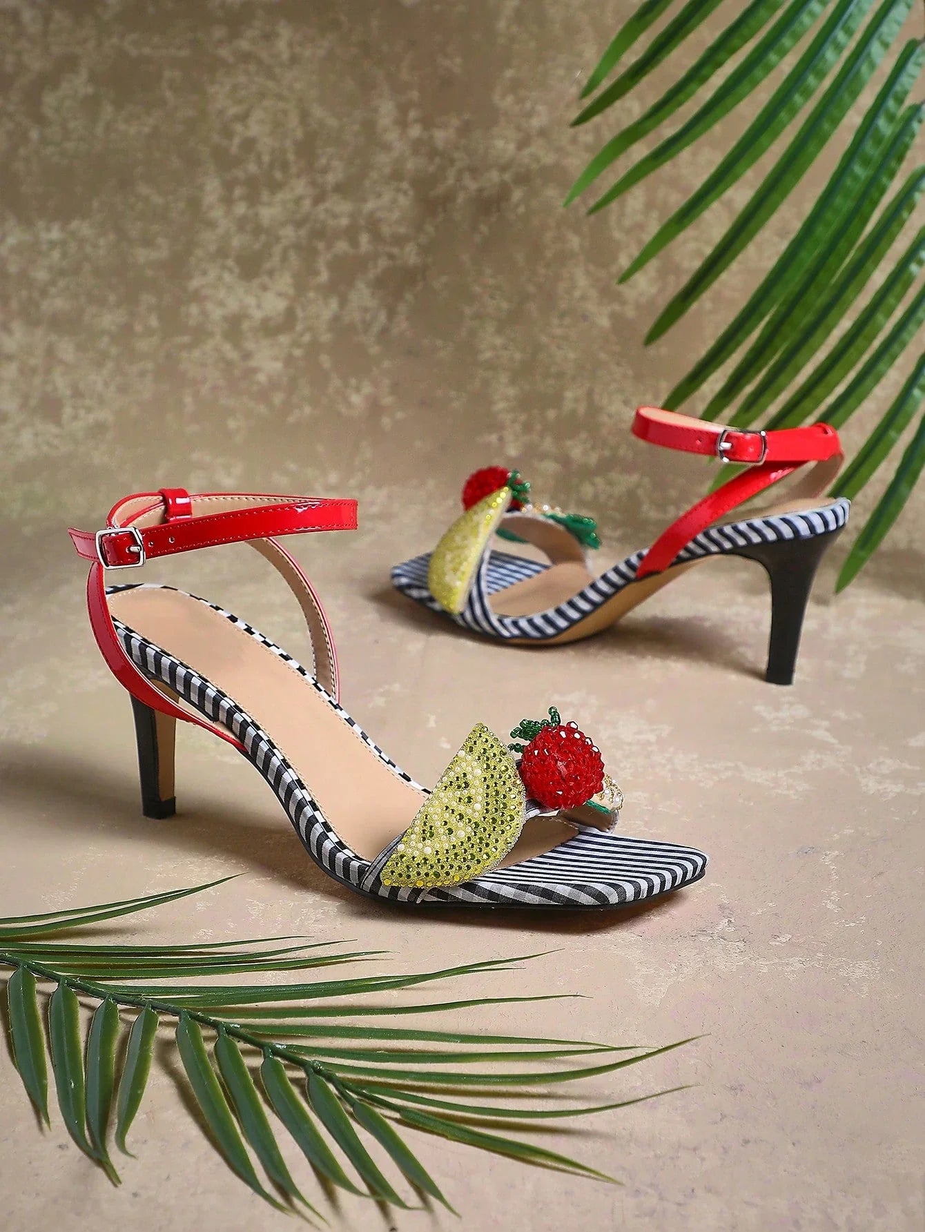 Ladies Kitten Heel Slingback Sandals With Fruit Ornamentations