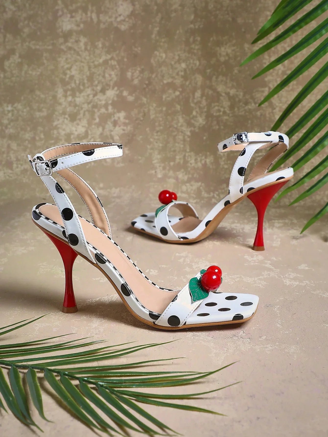 Ladies Kitten Heel Slingback Sandals With Fruit Ornamentations