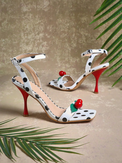 Ladies Kitten Heel Slingback Sandals With Fruit Ornamentations