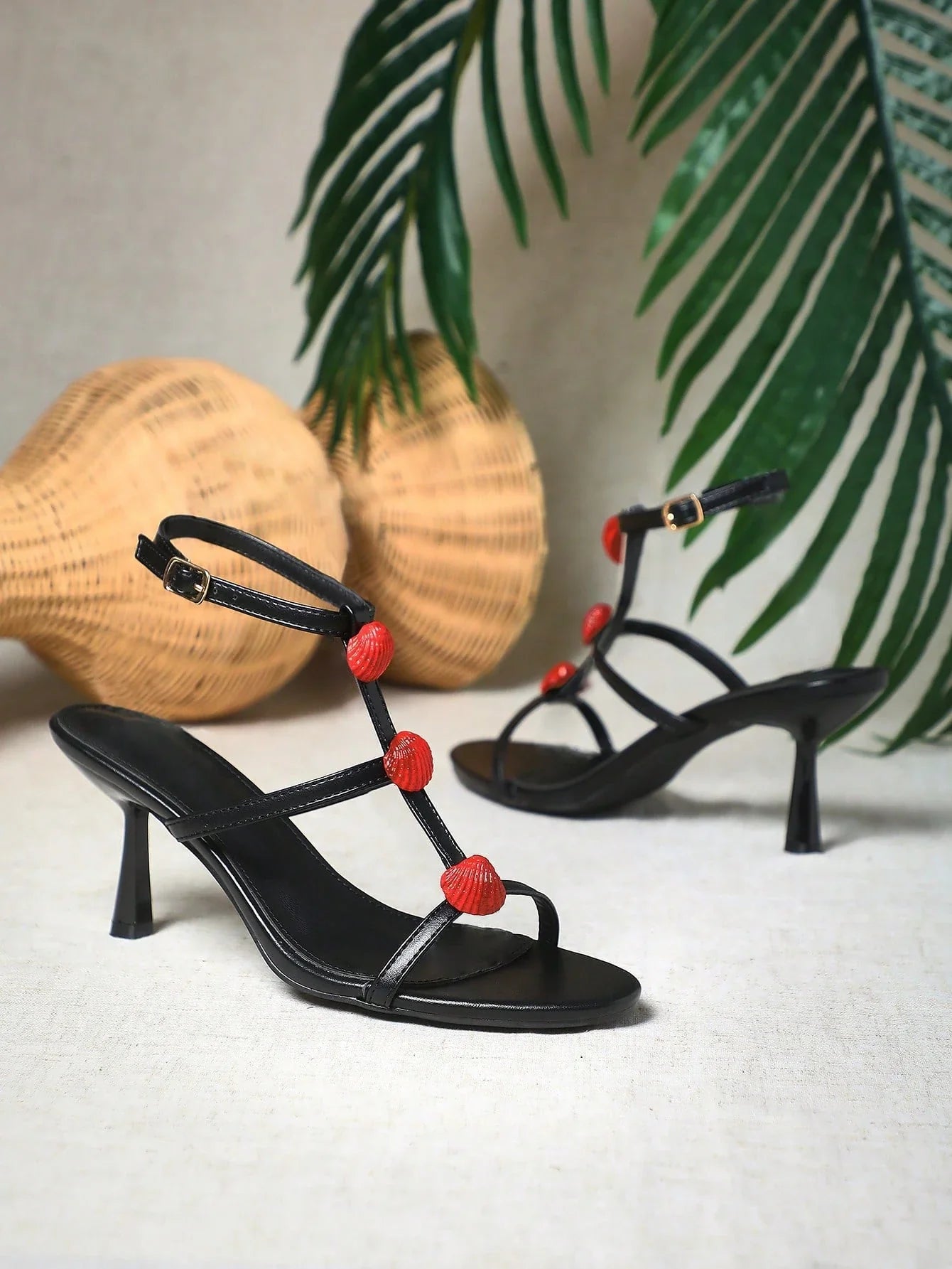 Ladies Kitten Heel Slingback Sandals With Fruit Ornamentations