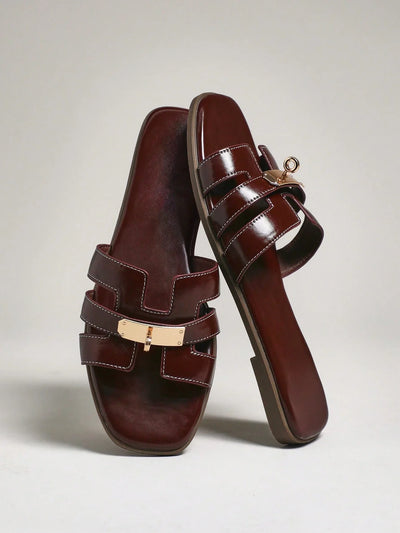 Women's Luxury Gold Lock Stitching Detail Square Toe Flat