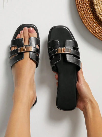 Women's Luxury Gold Lock Stitching Detail Square Toe Flat