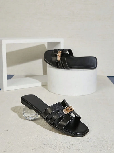 Women's Luxury Gold Lock Stitching Detail Square Toe Flat