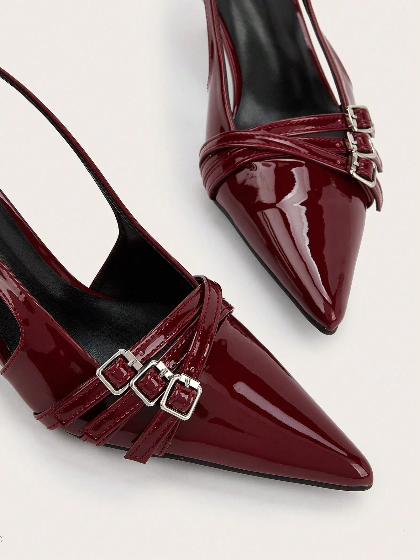 Sexy And Elegant Pointed Toe Patent Leather Stiletto High Heels With Metal Buckle Strap