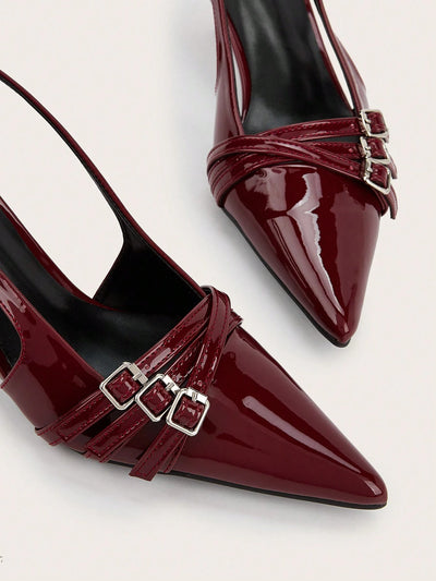 Sexy And Elegant Pointed Toe Patent Leather Stiletto High Heels With Metal Buckle Strap