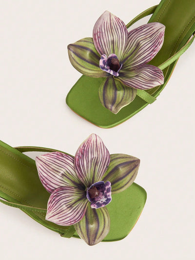 Travel & Beach Green Satin Flower Decor Open Toe Stiletto High Heel Sandals