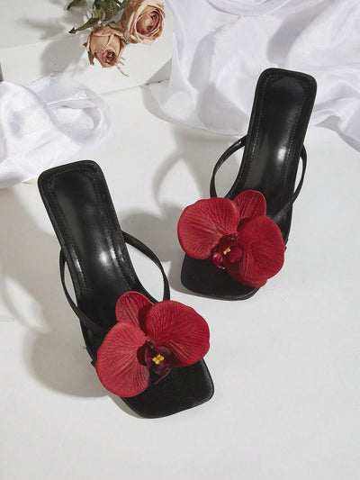 Travel & Beach Green Satin Flower Decor Open Toe Stiletto High Heel Sandals