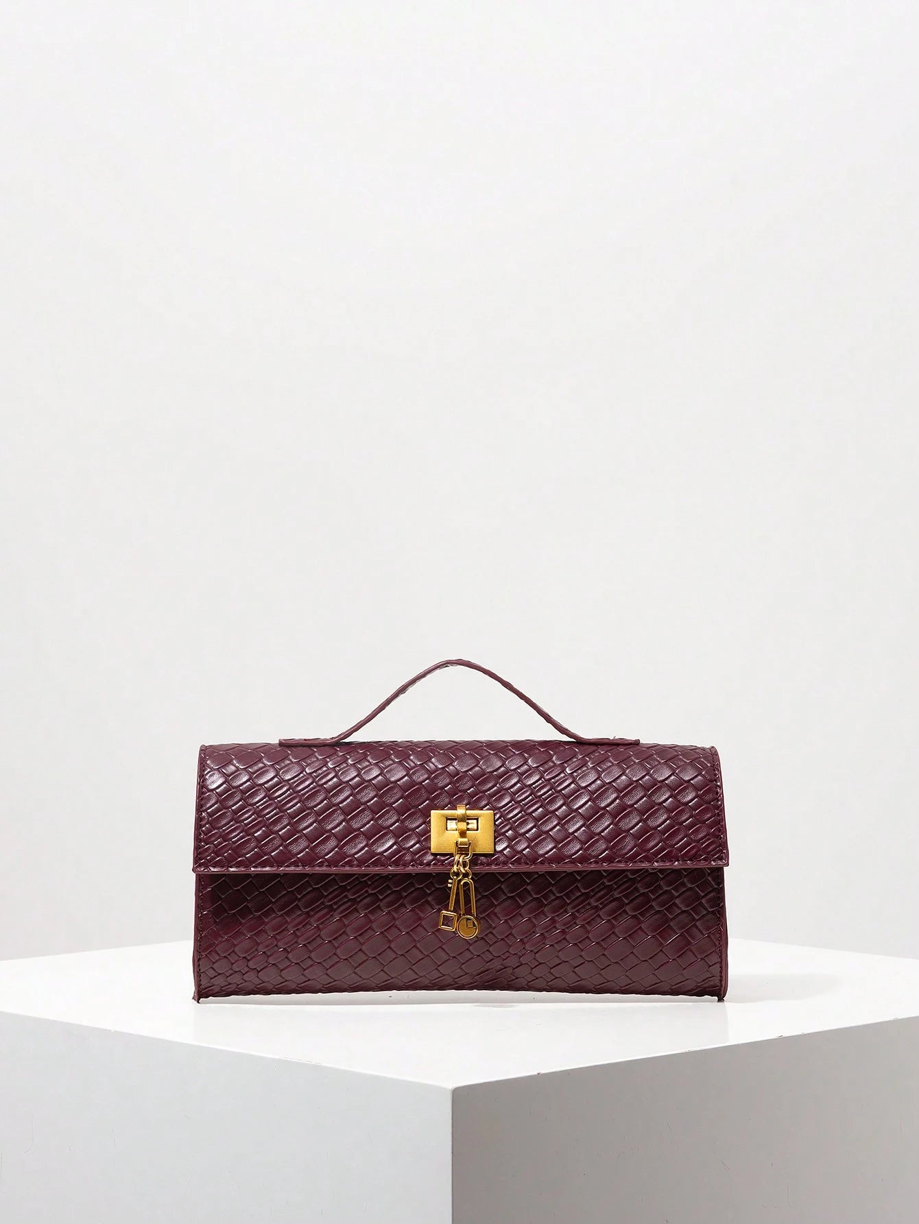 Vintage Faux Leather Woven Pattern Baguette Bag