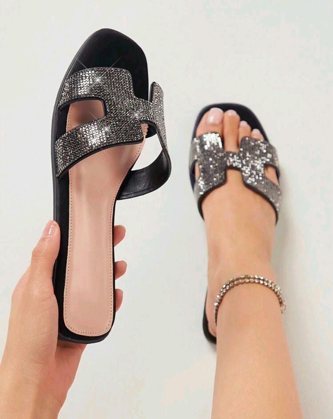 Women's Luxe-Inspired Rhinestone Harness Cutout Open Toe Rhinestone Pewter Slides