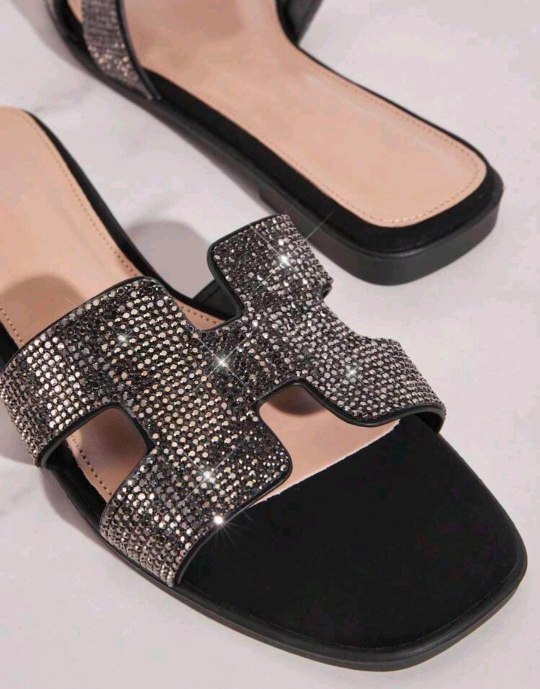Women's Luxe-Inspired Rhinestone Harness Cutout Open Toe Rhinestone Pewter Slides