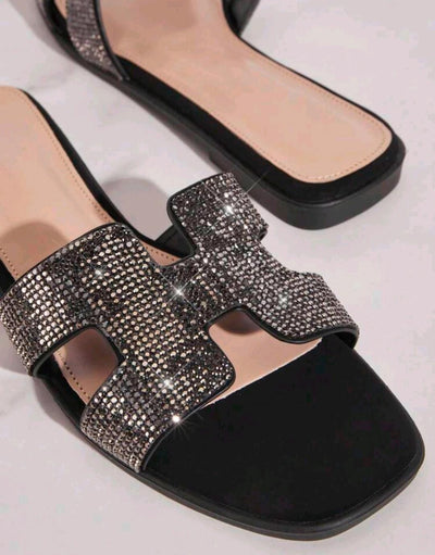 Women's Luxe-Inspired Rhinestone Harness Cutout Open Toe Rhinestone Pewter Slides