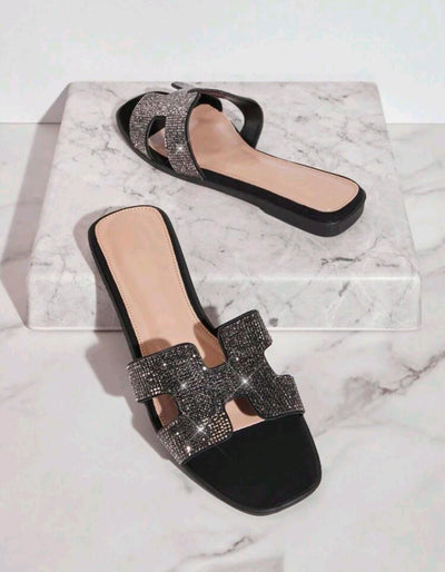 Women's Luxe-Inspired Rhinestone Harness Cutout Open Toe Rhinestone Pewter Slides