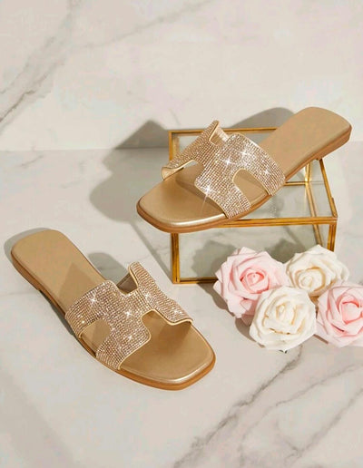 Women's Luxe-Inspired Rhinestone Harness Cutout Open Toe Rhinestone Pewter Slides