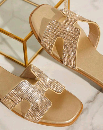 Women's Luxe-Inspired Rhinestone Harness Cutout Open Toe Rhinestone Pewter Slides