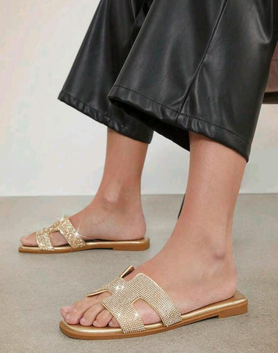 Women's Luxe-Inspired Rhinestone Harness Cutout Open Toe Rhinestone Pewter Slides