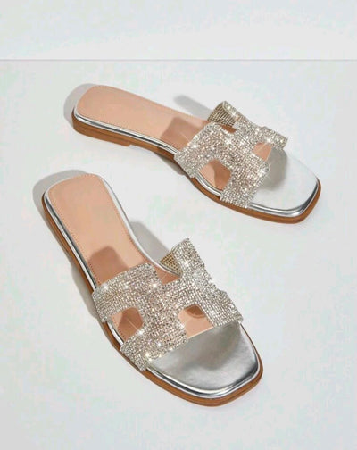 Women's Luxe-Inspired Rhinestone Harness Cutout Open Toe Rhinestone Pewter Slides