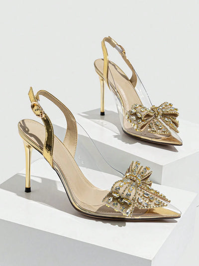 Women's High Heels Pointed Toe Stiletto Fashion Champagne Shoes With Butterfly & Rhinestone Decoration