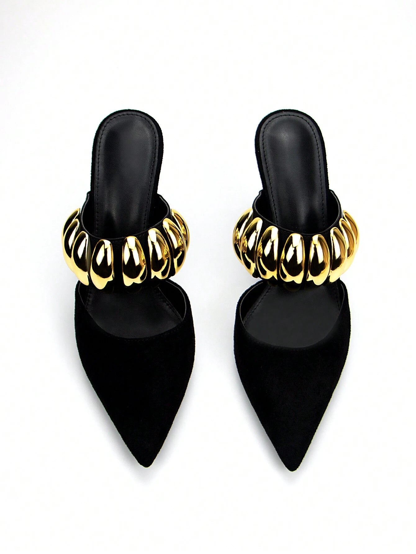Women Fashionable Black Velvet Pointed Toe High-Heeled Mule Shoe With Gold Metal Buckle