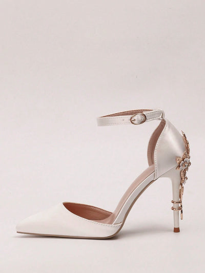 Women Rhinestone & Flower Decor Point Toe Stiletto Heeled Pumps