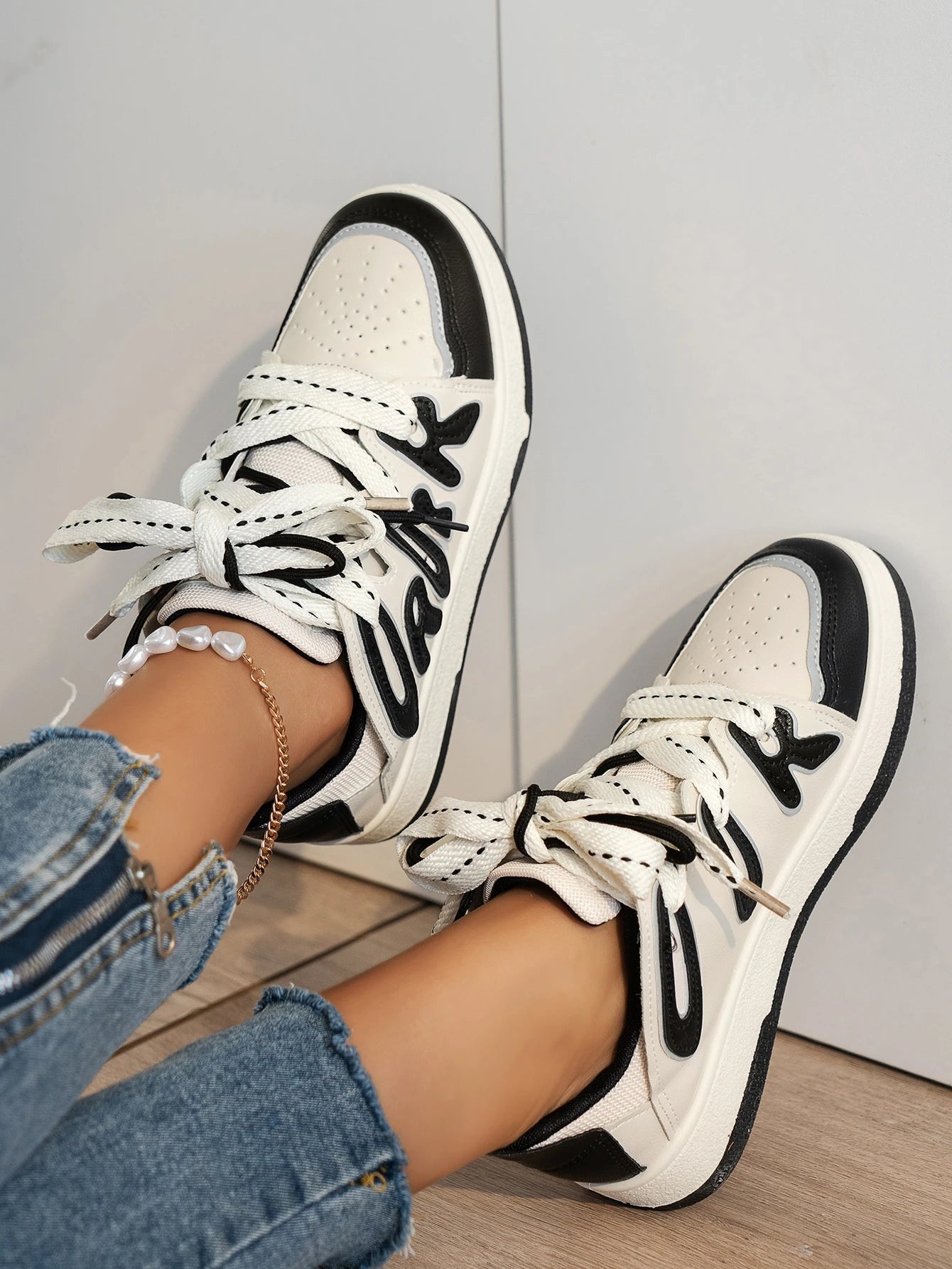 Lace-Up Front Letter Graphic Two Tone Skate Shoes