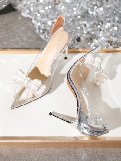 Women's High Heels Pointed Toe Stiletto Fashion Champagne Shoes With Butterfly & Rhinestone Decoration