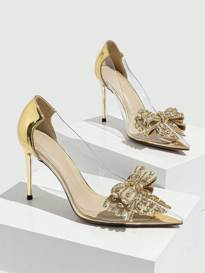 Women's High Heels Pointed Toe Stiletto Fashion Champagne Shoes With Butterfly & Rhinestone Decoration