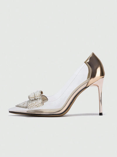 Women's High Heels Pointed Toe Stiletto Fashion Champagne Shoes With Butterfly & Rhinestone Decoration